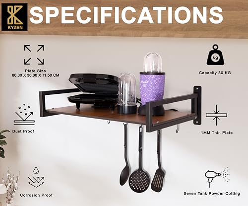 Image of KYZEN Deluxe Wall Mount Microwave Oven Stand with Pot Rack, 5 Hooks & Storage Container | Heavy-Duty Shelf for Microwave, OTG, Air Fryer, Grinder & Kitchen Organization (Wooden) Appliances WM Delux W