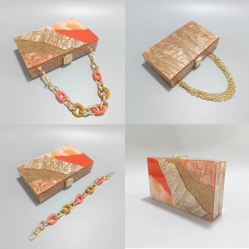 Image of Acrylic Clutch Purse for Women Colorful Evening Handbag Geometric Marbling Box Bag with Detachable Chain