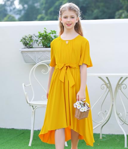 Girls Ruffle Dress Summer Plain Casual Irregular Party Dress with Belt 7-14 Years3