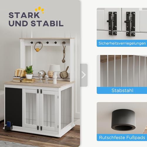 PawHut Hundekäfig für Zuhause, Hundebox mit 3 Türen, Haken, Hundehaus mit Radiergummi, Schreibtafel, Aufbewahrungsregal für Spielzeug, für große Hunde, Weiß