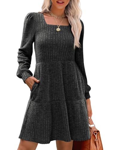 Image of Sampeel Womens Square Neck Long Sleeve Fall Dresses Casual Babydoll Sweater Dress