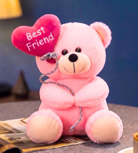 Image of Tickles Cute Teddy Holding Best Friend Heart Balloon Soft Stuffed Plush Toy for Kids Boys & Girls Friendship Birthday Gift (Color: Pink Size: 18 cm)