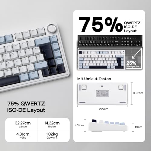 EPOMAKER x Aula F75-ISO Mechanische Tastatur Kabellos, Hot Swap Gaming-Tastatur 75% Prozent, Deutsches Layout QWERTZ, BT/Wireless/USB-C, Knopf& RGB (Light Blue, LEOBOG Reaper Schalter) 3