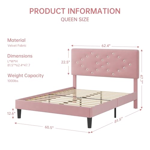 GAOMON Queen Size Bed Frame with Headboard, Upholstered Platform Bed Frames Queen Size with Crystal Diamond Tufted for Girls/Kids Easy Assembly, Wooden Slats Support, No Box Spring Needed, Pink