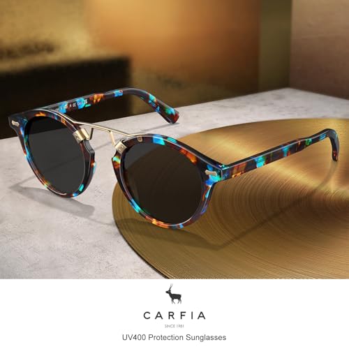 Image of CARFIA Small Face Acetate Polarized Sunglasses for Women UV Protection, Retro Double Bridge Eyewears Metal Brow Round Sunnies