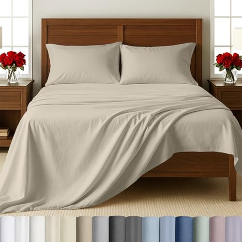 Image of California Design Den 500TC 100% Cotton Full Size Sheets Set, Beige | Good Housekeeping Seal, OEKO-TEX Certified, Silky-Soft Sateen Weave, 4pc Set, 16 inch Deep Pockets, For Hot Sleepers, All-Season