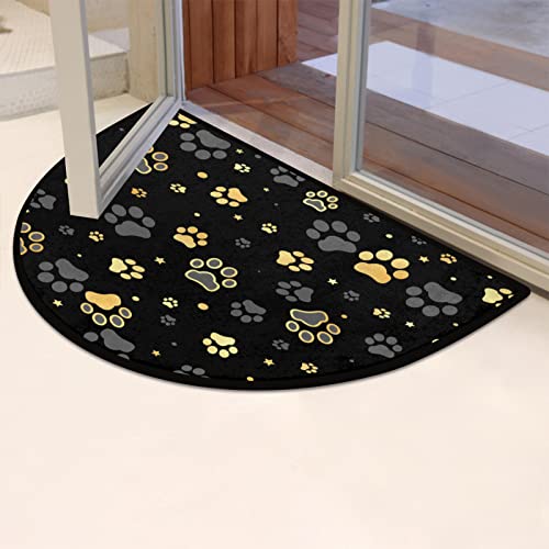 30X18 Inch Gold Yellow Dog Paw Print Half Round Door Mat Indoor Entrance, Puppy Footprint Non Slip Absorbent Doormats, 30X18 Wear Resistant Semi Circle Floor Mats Area Rugs For Home Kitchen Patio #TOP5