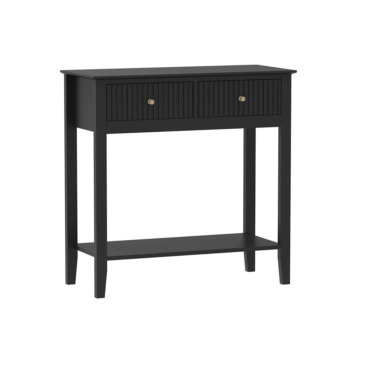 Modern Black Console Table with Fluted Drawers, 2-Drawer Entryway Table with Bottom Storage Shelf, Contemporary Sofa Table with Gold Hardware for Hallway & Living Room-image-0