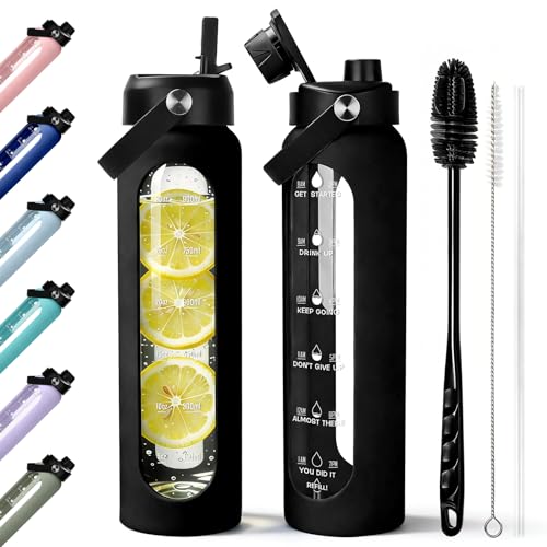 Image of Aqulea 32 oz Glass Water Bottle with 2 Lids - Spout & Straw Lids, 1L Motivational Borosilicate Glass Water Bottle with Time Marker & Silicone Sleeve, Leakproof (Black)