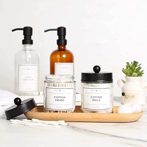 KUSVADO-2-Pack-Bathroom-Apothecary-Storage-Jars-Vanity-Countertop-Canister-Glass-Jars-Q-tip-Holder-Cotton-Swab-Container-Bathroom-Storage-Container-with-8-Pcs-Waterproof-Labels-9-Oz-Clear