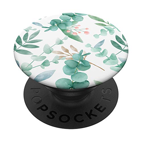 Eucalyptus green blossom watercolor floral branches leaves PopSockets Swappable PopGrip, Black