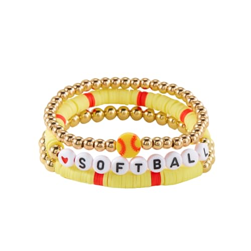 3Pcs Dainty Football Soccer Baseball Basketball Rugby Volleyball Polymer Clay Beaded Charm Bracelets Handmade Gold Beaded Sports Ball Stretch Bracelet for Women Men Sports Team Jewelry Gift