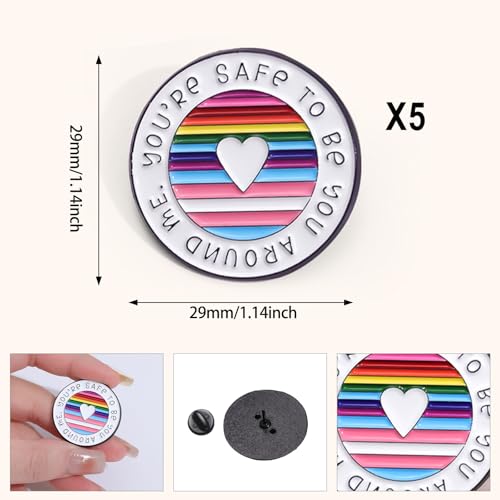 Image of 5Pcs Round Rainbow Brooch - Enamel Pins with Inspirational Quote inchYou're Safe To Be You Around Me inch - LGBTQ Gift, Lapel Brooches for Clothing, Bags, Backpacks, and Hat Accessory