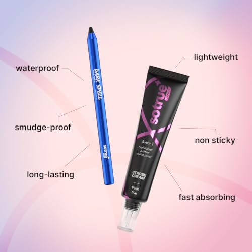 Image of Sotrue Dark Spell Kohl Kajal + Pink Radiance Multipurpose Strobe Cream Combo | 24H Smudgeproof Kajal, Instant Pink Glow | Waterproof Eye Makeup & Hydrating Primer, Highlighter Duo