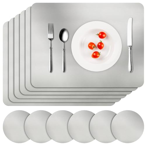 APLKER Tischset Leder 6er Set - Kunstleder Platzset Abwaschbar, Hitzebest&auml;ndig Doppelseitigen Wasserdicht Platzdeckchen Lederoptik mit Tischuntersetzer rutschfest, 16 x 12 Zoll (Silver)