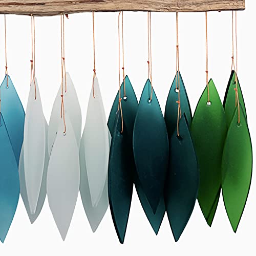 Blue Handworks Gradient Ocean Waterfall & Driftwood Chime, Sandblasted Glass And Found Wood Handcrafted Wind Chime #TOP4