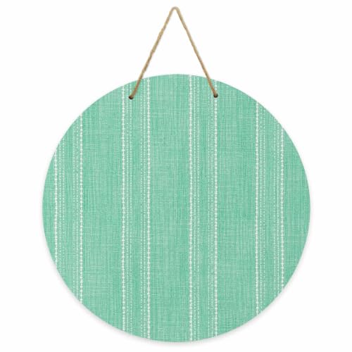 Mint Green Striped Welcome Sign for Front Door Decor, Coastal Grandma Farmhouse Rustic Linen Texture Wood Door Hanger for Outdoor Porch, 10 Inch Round Wooden Wreath Indoor Wall Hanging Decoration