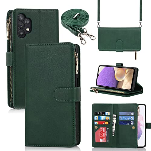 Jaorty Samsung Galaxy A32 5G Wallet Case,[9 Card Slots] Removable Adjustable Crossbody Necklace Lanyard Shoulder Strap Zipper Magnetic Leather Case For Samsung Galaxy A32 5G,6.5 Inch Dark Green #TOP19