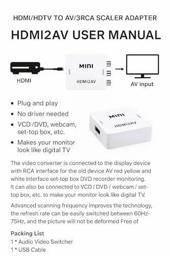 Image of HDMI /HDTV to AV /3RCA Scaler Adapter HD Video Composite Converter Box HDMI to RCA /CVSB L /R Video 1080P Mini HDMI2AV Support NTSC PAL New (White) with Cable