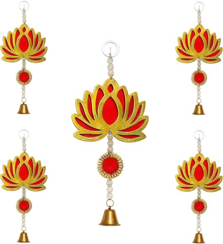 Decorative Hanging Lotus Bell Toran Traditional Wall Door Hanging with Beads and Bell Pack of 5 Ideal for Festival Pooja Room Home Decor & Gifting (Red)