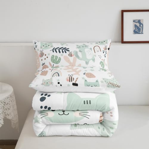 Image of Feelyou Cartoon Rainbow Kitten Print Comforter Set - Toddler Size, Kawaii Pet Cats and Flowers Duvet Set