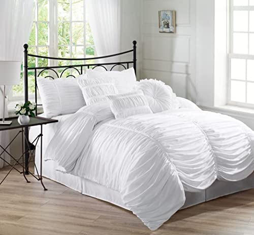 Kotton Culture 3 Piece Ruched Pattern Duvet Cover with Zipper & Corner Ties 100% Egyptian Cotton 600 TC Premium Hotel Quality Decorative Bedding (Queen/Full, White)