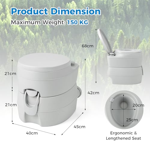 COSTWAY 20L Portable Camping Toilet, Outdoor Flushing Toilet with Pump Flush, Leak-Proof Seat & Removable Tank, Emergency Porta Potty for Hiking Caravan (Light Grey) - Image 6