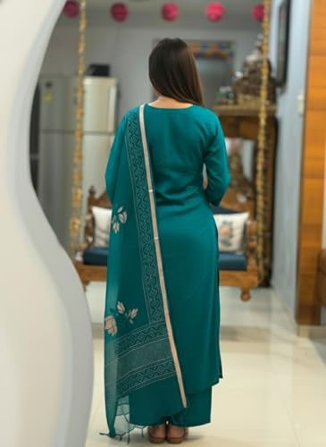 Image of ANNI Designer Women's Rayon Viscose Straight fit Printed Embroidered Kurta with Pant & Dupatta | Ethnic Kurta Set for Women | Daily, Office & Festive Traditional