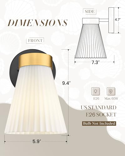 Image of Set of 2 Wall Sconces for Bathroom, HWH 1-Light Bathroom Vanity Light with Frosted Milk White Striped Glass, Indoor Wall Mount Lighting Fixtures, Black and Gold Finish, 5HZG97B-2PK BK+BG