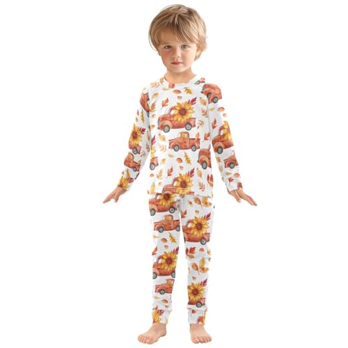 Fustylead Watercolor Retro Red Harvest Car and Sunflower Leaves Pajamas Cotton Sleepover PJ Set Long Sleeve Lounge Wear3