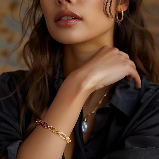 Gold Bracelets for Women Men 14K Gold Chain Bracelet for Womens Gold Bracelet Unisex Paperclip Design Five Sizes (6.5in-9in) Layering Gifts for Men & Women - Image 3