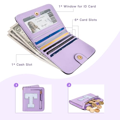 Image of COSHAYSOO Initial Wallet RFID Small Bifold Slim Letter Wallet for Women Teenager Girls Travel Daily Necessities Credit Cards Money Cash Coin Organizer, Purple, Compact, T