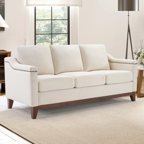 Image of Classic 3-Seater Upholstered Sofa with Nailhead Trim, High-Density Foam Cushions & Sturdy Solid Wood Legs, Soft Fabric Couch for Living Room, Beige