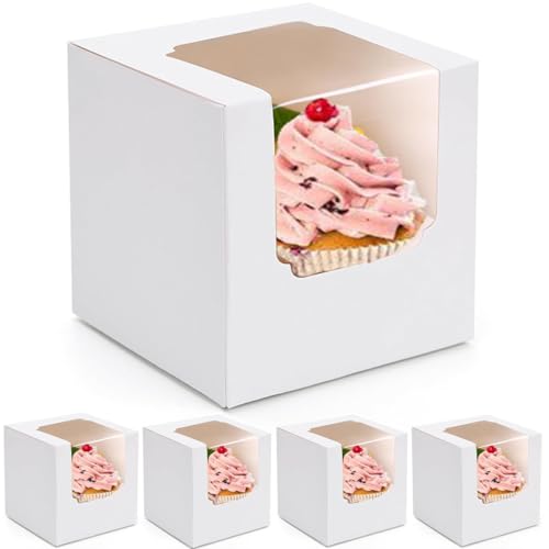 Mistari 50 Pack Individual Cupcake Containers Translucent Paper Cupcake Boxes Disposable Cupcake Holders Cupcake Carrier (White)