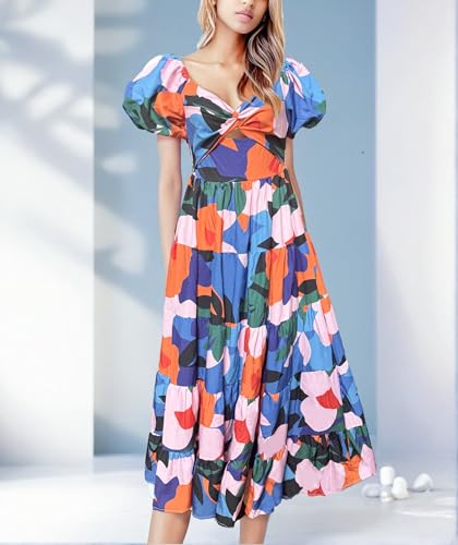 Image of GOLDSTITCH Women's 2026 Boho Floral Maxi Dress Puffy Short Sleeve Cutout V Neck Casual Long Beach Dress