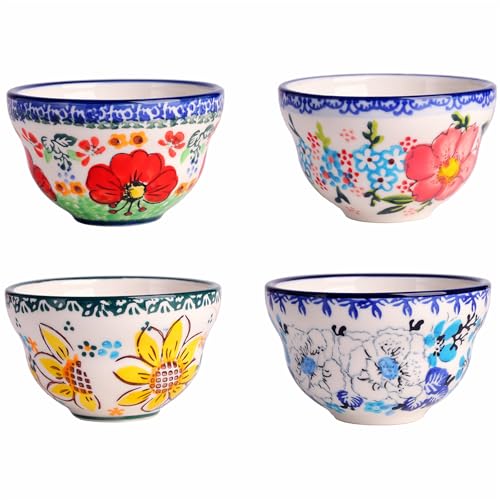 silesia Handmade Bowls Set, 4 oz Ceramic Hand-Painted Small Bowls for Dessert Chili Dipping Sauce,Mini Bouillon Cups Ice Cream Bowls Ramiken in Gift Box, Dishwasher Safe Set of 4, Assorted Flowers