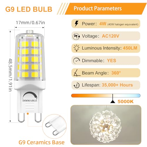 Image of BAOMING G9 LED Bulb Dimmable 4W 5000K Daylight White, 12 Pack | T4 G9 Bi-pin Base Halogen Replacement 120V No Flicker 450LM, Ceramic Base - Great for Workshop, Studio, Garage, Craft Room