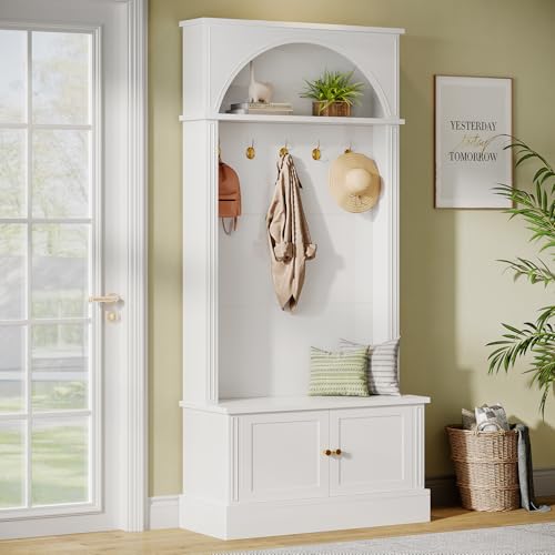 Image of Tribesigns Hall Tree with Bench and Shoe Storage, 4-in-1 Design Entryway Bench with Coat Rack, 70.86 inch Tall Mudroom Rack with 5 Double Hooks and Adjustable Shelf for Hallway (White)