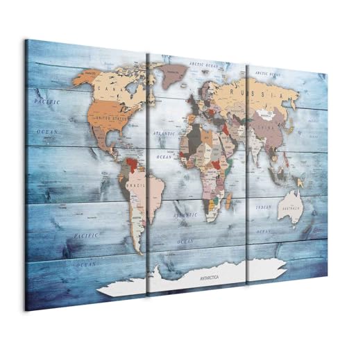 B&D XXL - Tableau décoratif Carte du monde 90x60 cm - Impression sur toile colorée - Décoration murale pour salon et chambre - Bois continents cartes bleu...