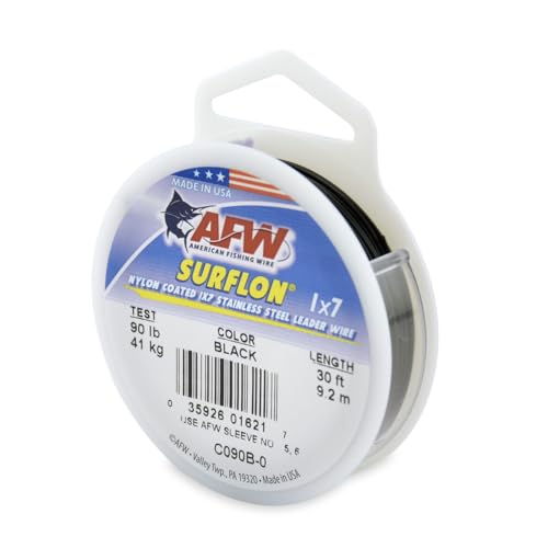 American Fishing Wire Surflon Nylon Coated 1x7 Stainless Steel Wire Leader - Wire Fishing Leader Line for Saltwater 10lb Up To 250lb Test in Bright, Black, Camo in 30ft, 100ft, 300ft, & 1000ft Lengths