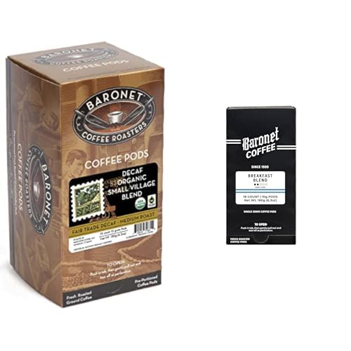 Baronet Coffee Pods - Decaf Organic Small Village & Breakfast Blend [10 Gram, 54 Pods Each Flavor] Single Cup Use, Like Senseo
