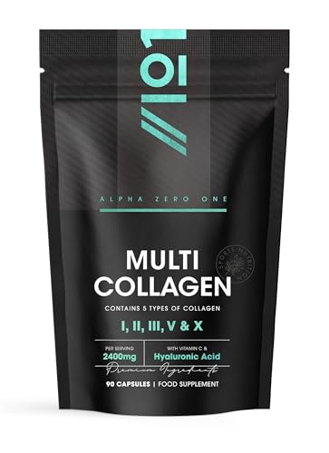 Multi Collagen 2400mg – Types I, II, III, V & X – 90 Capsules – Wild Caught Marine, Grass Fed Bovine, Eggshell & Free-Range Chicken Collagen Powder, with Hyaluronic Acid & Vitamin C – by Alpha01