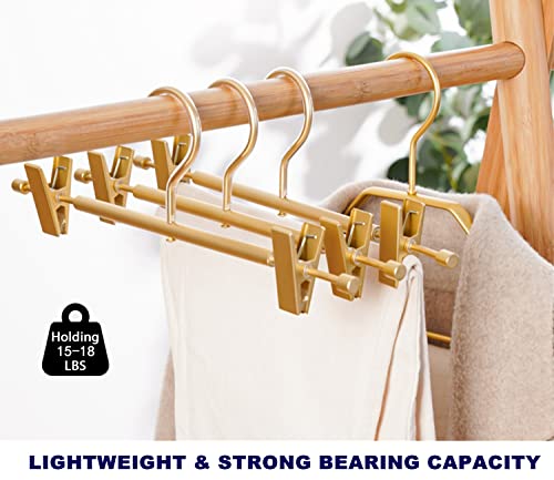 Amber Home Premium Matte Gold Aluminum Pants Hangers 10 Pack, 12.2” Extra Smooth & Durable Metal Skirt Slack Hanger, Light & Sturdy Metal Rack For Trouser With 2-Adjustable Non Slip Clips Swivel Hook #TOP3