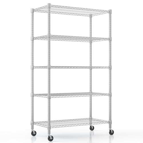 Himimi Estante de Almacenamiento de pie de 5 Niveles con Ruedas, Altura Ajustable, estantería Resistente con Gancho para baño, Cocina, Garaje, Dormitorio, 45 x 90 x 183 cm, Color Plateado