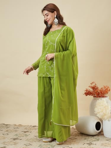 Image of MOKOSH Women's Georgette Short Kurti Palazzo with Dupatta | Short Kurti Set |Ethnic Kurta Set for Women | Sweetheart Neck Full Sleeve | Indian Kurta Outfit With Palazzo Pants