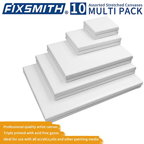 Image of FIXSMITH Stretched Canvas for Painting- 10 Pack Multisize 4x4,5x7,8x10,9x12,11x14 (2 of Each),100% Cotton,Primed,for Acrylic,Oil,Other Wet or Dry Art Media,for Artists,Kids,Beginners and More.