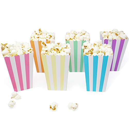 Chloe Elizabeth Mini Popcorn & Candy Favor Treat Boxes For Birthday, Bridal and Baby Shower - Assorted Striped Design - 36 Count (Rainbow Pastel Mix)