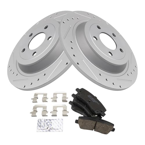 Image of TRQ Rear Ceramic Brake Pad and Rotor Set Drilled Slotted Compatible with 16-19 Ford Mustang EcoBoost without Performance Package, 16-19 Ford Mustang EcoBoost Premium without Performance Package