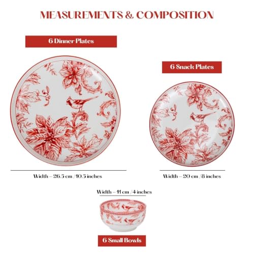 Image of GOLDEN QUEEN'S 18 Piece Dinner Set - Serving 6 | Perfect for Hosting and Daily Meals | Microwave Safe | Includes 6 Dinner Plates, 6 Small Bowls & 6 Side Plates (Crimson Garden)