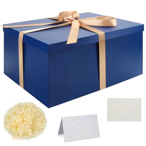 Ensemble Boite Cadeau, Boites Cadeau Bleu avec Couvercles 38 x 28 x 19 cm Grand Boîte Cadeau avec Ruban Papier de Soie Déchiqueté Cartes de Voeux pour Noël...